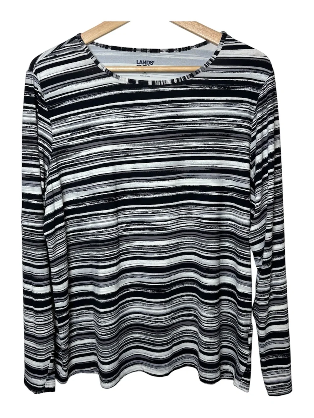 Lands' End Women’s Rash Guard 1X Swimwear Long Sleeve Black White Stripes Resort